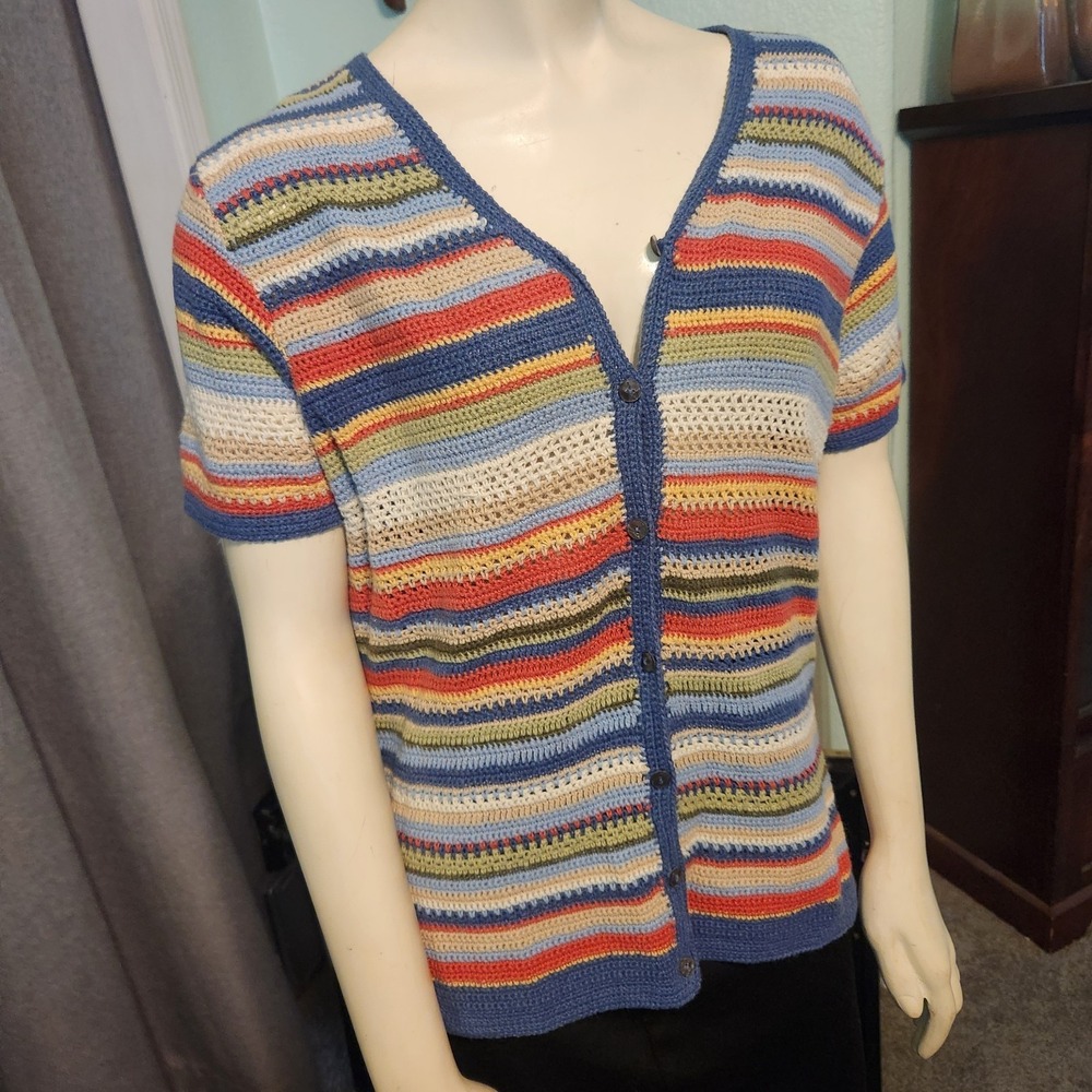 Villager Sport Liz Claiborne Crochet  Striped ButtonUp  Sweater Sz L Momcore 90s
